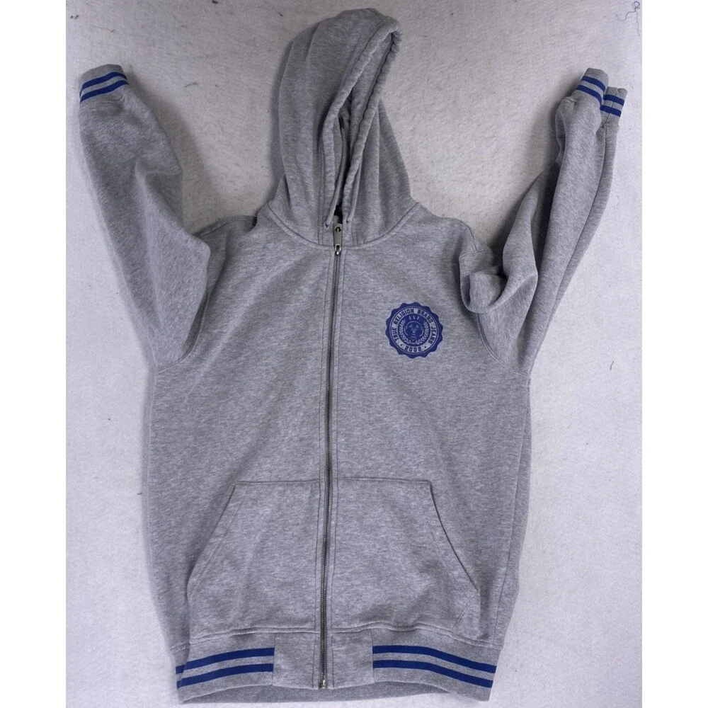 True Religion Men Hoodie Zip Up Gray Blue Alumni Buddha Big Horseshoe Fleece Med